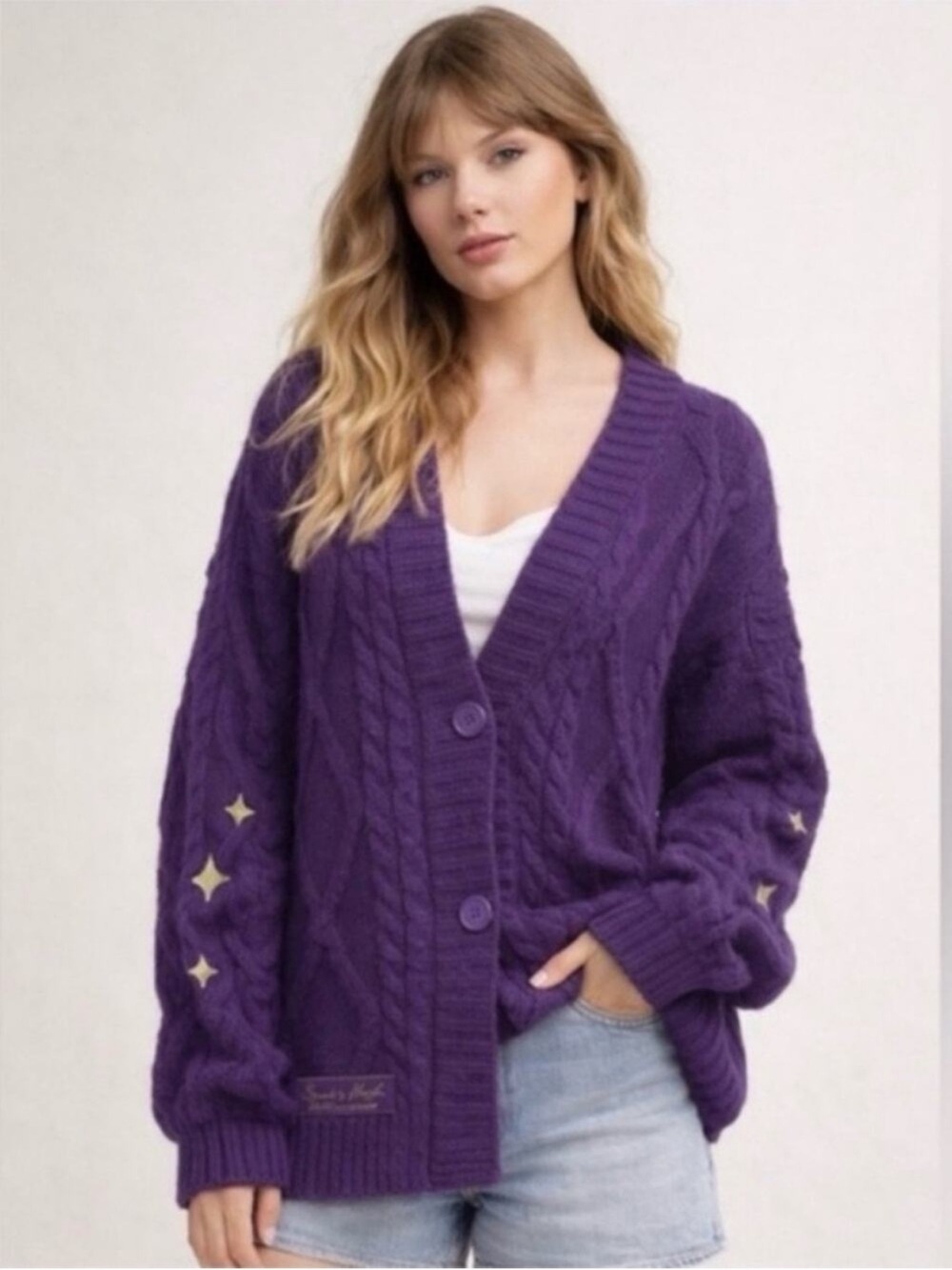 Purple Cable-Knit Button Cardigan Sweater Taylor Swift, 3X4X